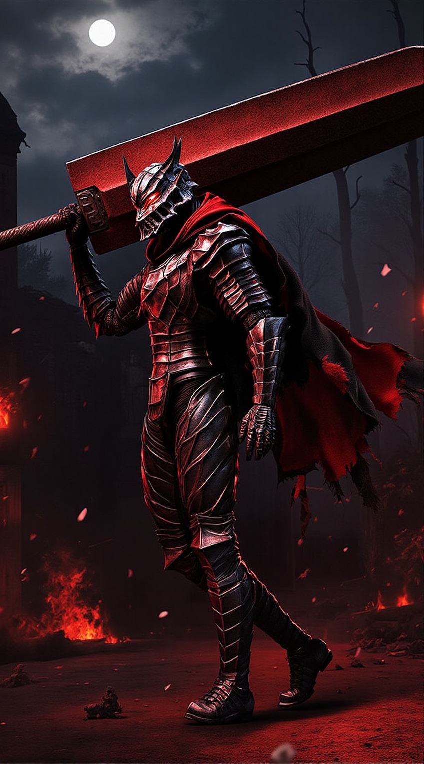 A powerful warrior clad in a dark,  menacing Berserker armor,  inspired by Guts in Berserk. His armor is jagged on Tensor.Art