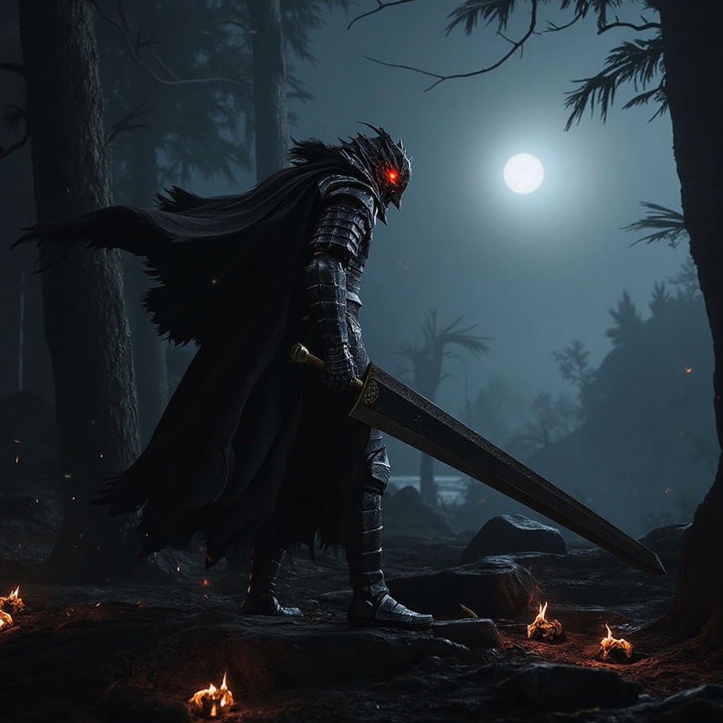 A lone berserker warrior,  heavily inspired by Guts from Berserk,  standing in a dark on Tensor.Art