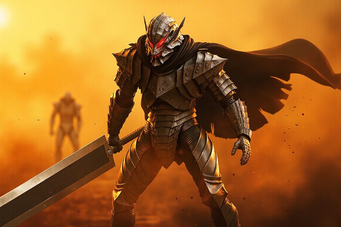 Close-up of a lone berserker warrior,  heavily inspired by Guts from Berserk,  standing tall in the middle of a vast battl...