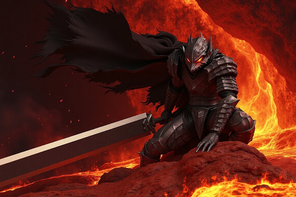 A lone berserker warrior sits in a cave with lava flowing,  gripping his colossal Dragon Slayer sword. A violent heat howl...