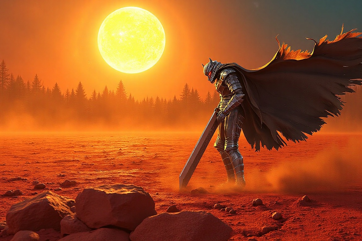 A lone berserker warrior,  heavily inspired by Guts from Berserk,  standing tall in the middle of a vast on Tensor.Art