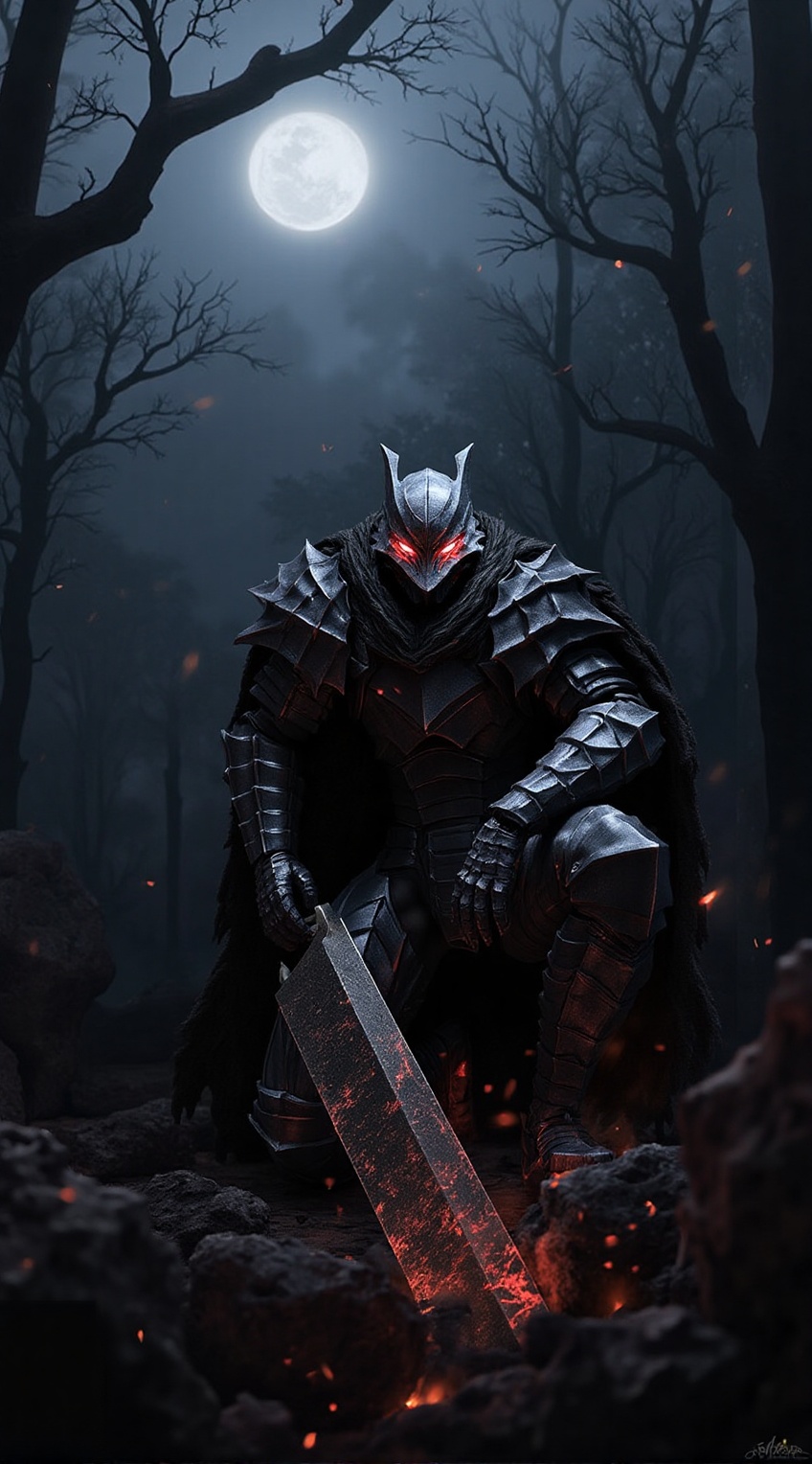A lone berserker warrior,  heavily inspired by Guts from Berserk,  kneeling on one knee in a dark on Tensor.Art
