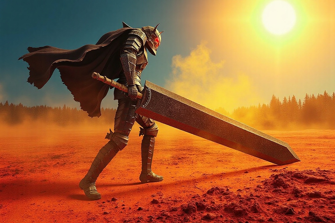 A lone berserker warrior,  heavily inspired by Guts from Berserk,  standing tall in the middle of a vast on Tensor.Art