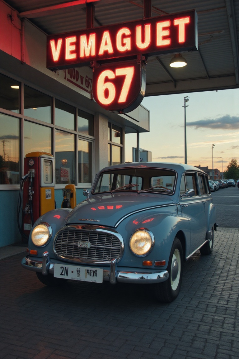A Close-up Side shot of a VEM car,  the car headlights on,  sitting outside a large canopy of an old 50s gas station with...