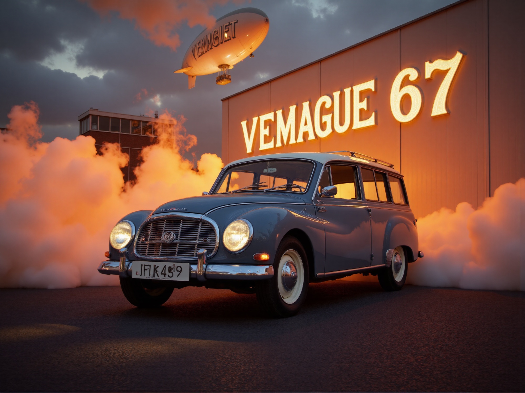 Captured from a compelling low angle,  a timeless VEM stands out against the backdrop of a blazing sunset. Headlights beam...