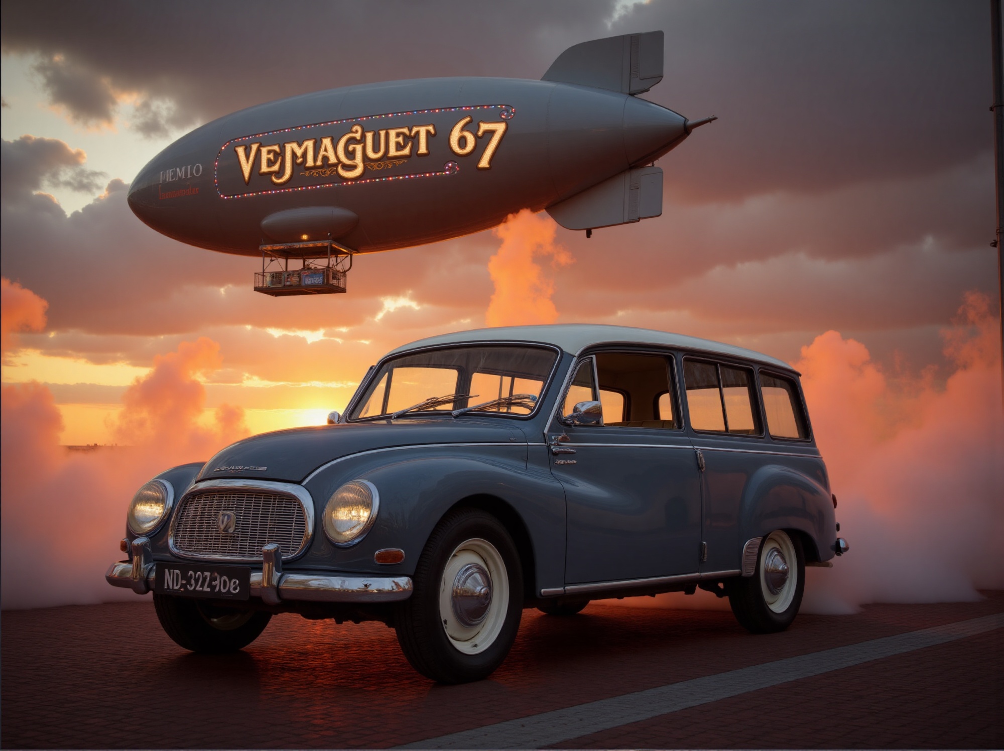 Captured from a compelling low angle,  a timeless VEM stands out against the backdrop of a blazing sunset. Headlights beam...