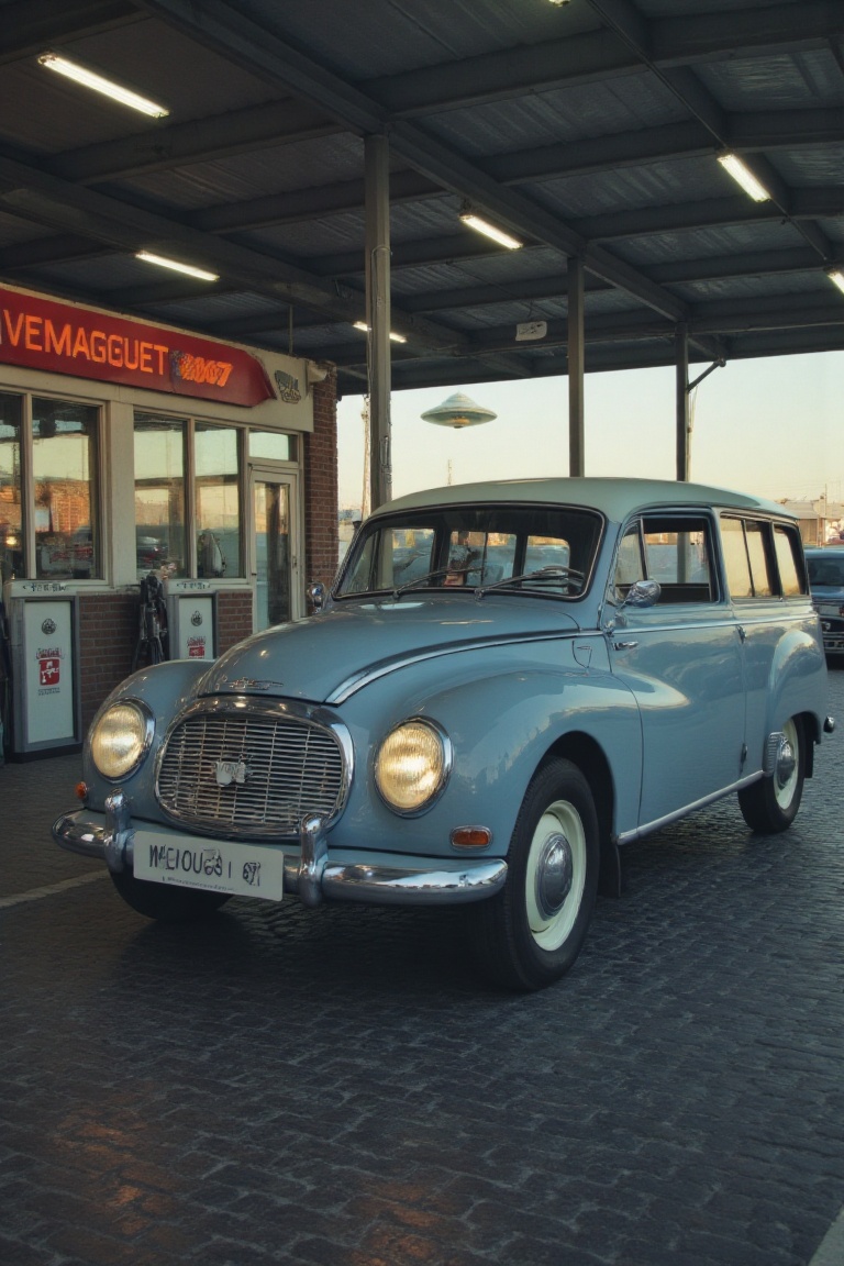 A Close-up Side shot of VEM car,  the car headlights on,  sitting outside a large canopy of an old 50s gas station with mu...
