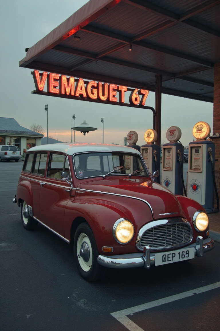 A Close-up Side shot of VEM car,  the car headlights on,  sitting outside a large canopy of an old 50s gas station with mu...