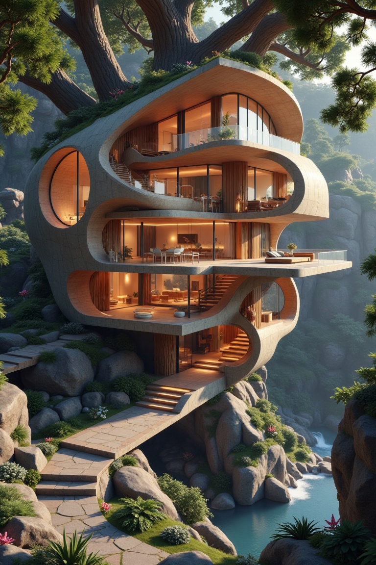 "A modern whimsical,  fantasy-style treehouse nestled within a massive ancient tree,  surrounded by misty cliffs and lush...