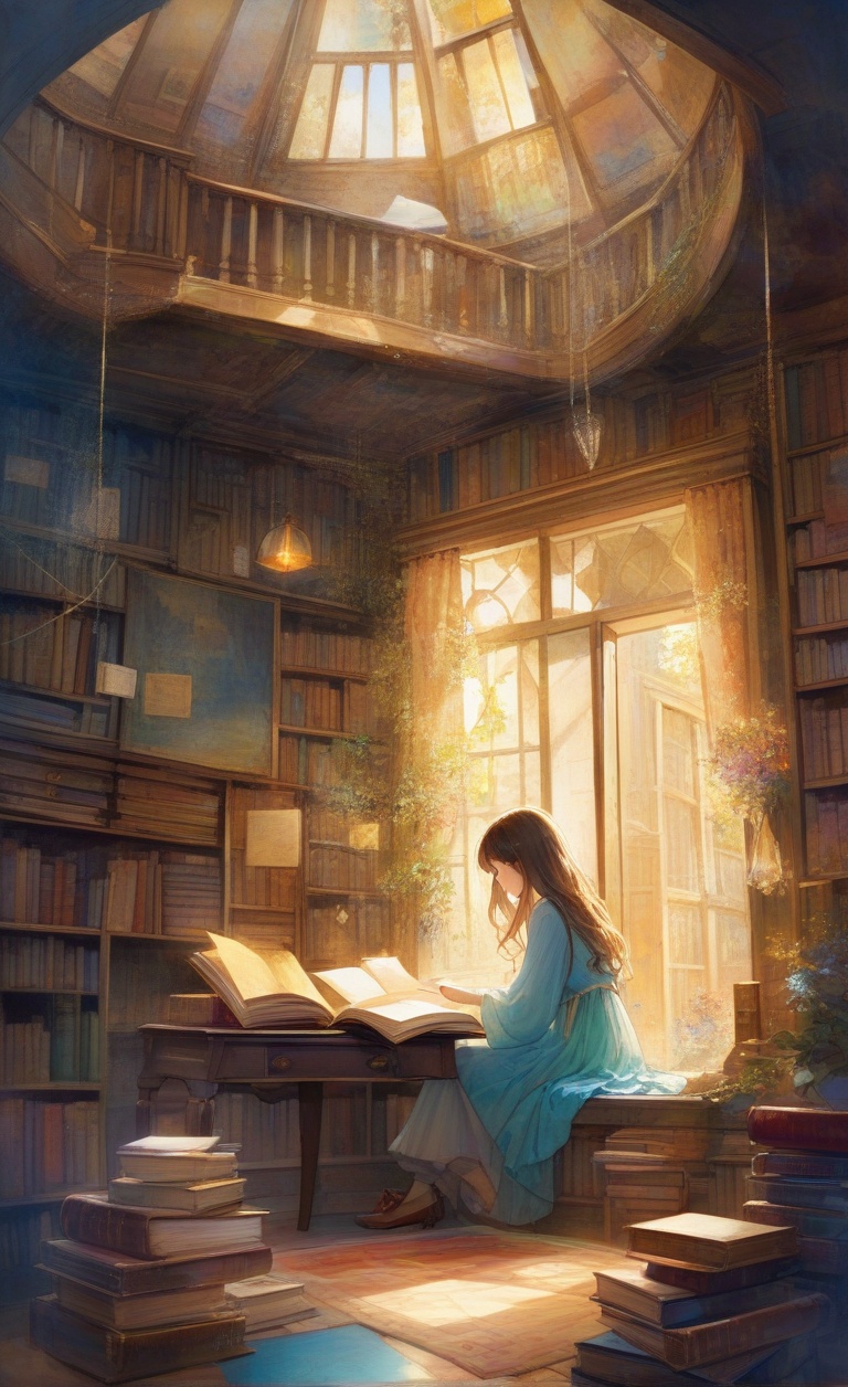 A girl with soft brown curls sits in a dusty attic,  surrounded by old books and forgotten trinkets. Her expression is one...