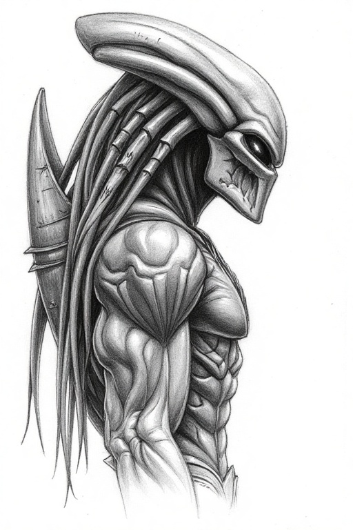 Pencil sketch of an alien warrior based on the Predator,  standing side-on. Close-mouthed,  it looks over its right should...