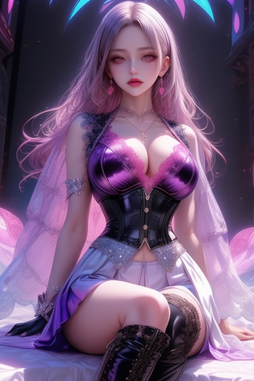 An attractive woman with an anime look. Her voluminous,  wavy,  purple-pink hair flows down to her shoulders on Tensor.Art