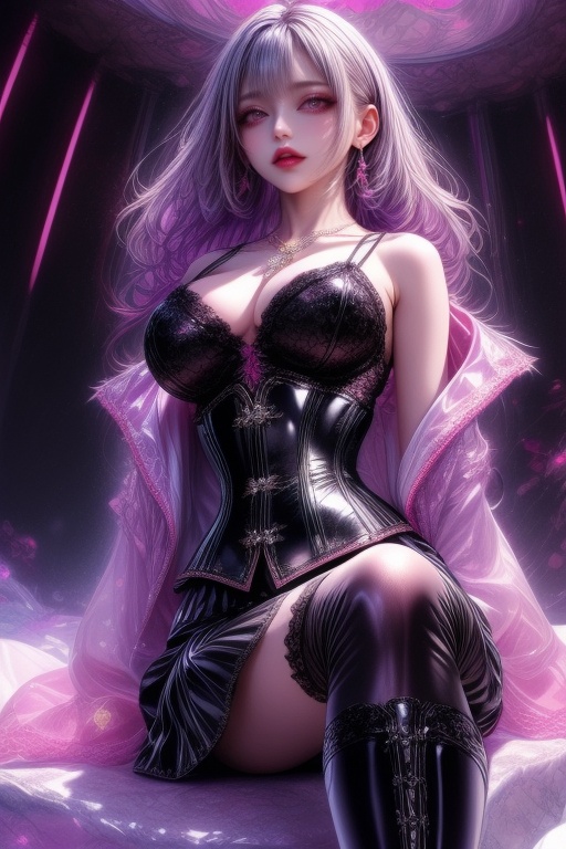An attractive woman with an anime-inspired look. Her voluminous,  wavy purple-pink hair flows down to her shoulders,  gent...