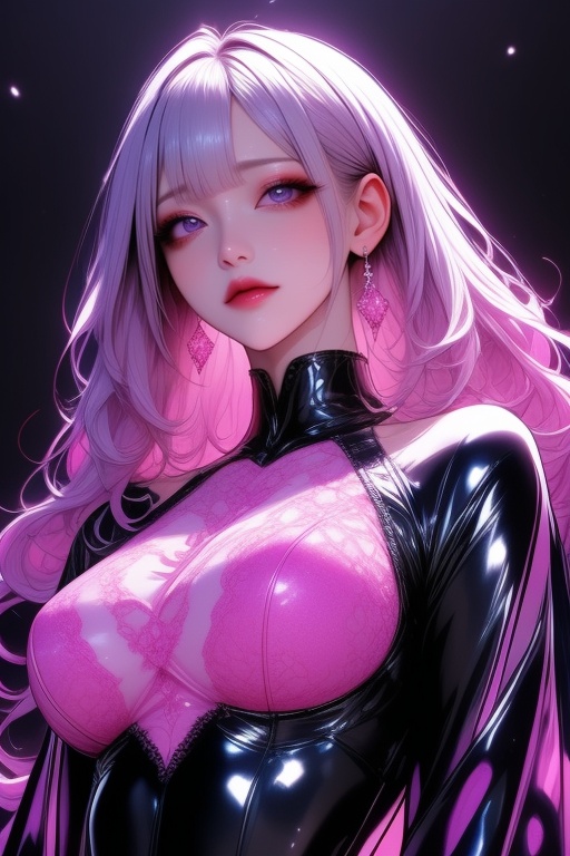 An attractive anime-inspired woman gazes out at us. Her voluminous,  wavy,  purplish-pink hair flows down to her shoulders...