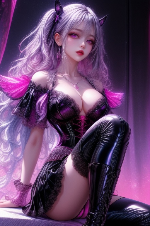 An attractive woman with anime-inspired looks. Her voluminous,  wavy purple-pink hair flows down to her shoulders,  gently...