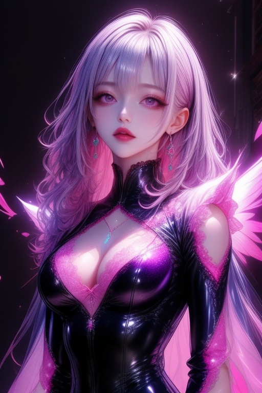 An attractive anime-inspired woman gazes out at us. Her voluminous,  wavy,  purplish-pink hair flows down to her shoulders...