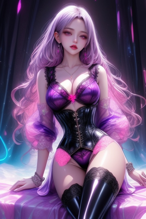 An attractive woman with an anime look. Her voluminous,  wavy,  purple-pink hair flows down to her shoulders on Tensor.Art