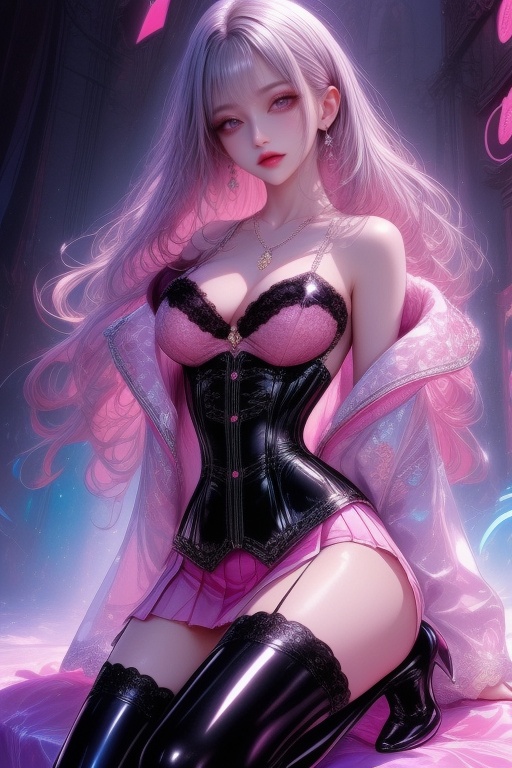 A stunning anime-style woman with voluminous,  wavy purplish-pink hair cascading past her shoulders,  softly illuminated b...