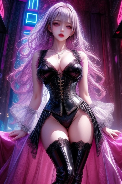 An attractive woman with an anime-inspired look. Her voluminous,  wavy purple-pink hair flows down to her shoulders,  gent...