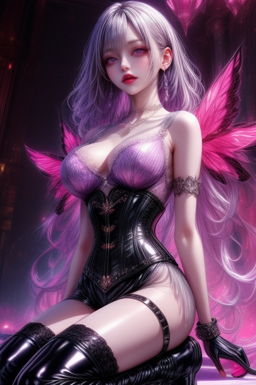 An attractive woman with anime-inspired looks. Her voluminous,  wavy purple-pink hair flows down to her shoulders,  gently...