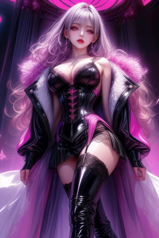 An attractive woman with an anime-inspired look. Her voluminous,  wavy purple-pink hair flows down to her shoulders,  gent...