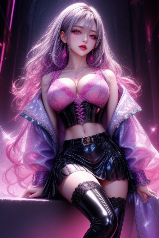 An attractive woman with an anime style. Her voluminous wavy purple-pink hair flows down to her shoulders,  gently illumin...