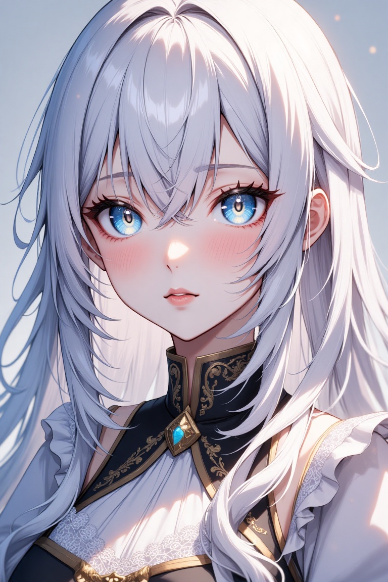 A portrait of a girl with fair skin,  vibrant blue eyes,  and long white hair that frames her face with an ethereal glow....