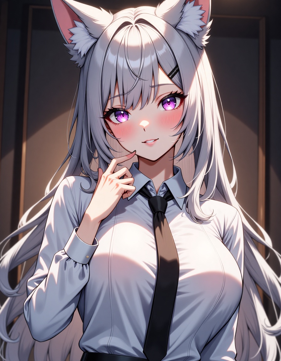 A young woman with striking silver hair and vibrant violet eyes poses confidently in a dimly lit room. Her fox-like ears p...