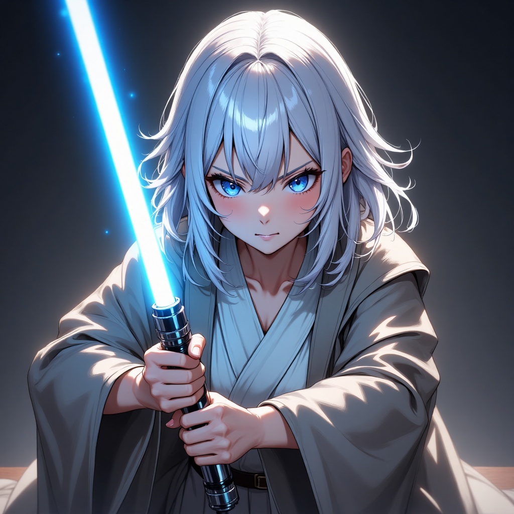 A striking image of a young woman with vibrant white hair and piercing blue eyes,  dressed in jedi robe,  poised in a fier...