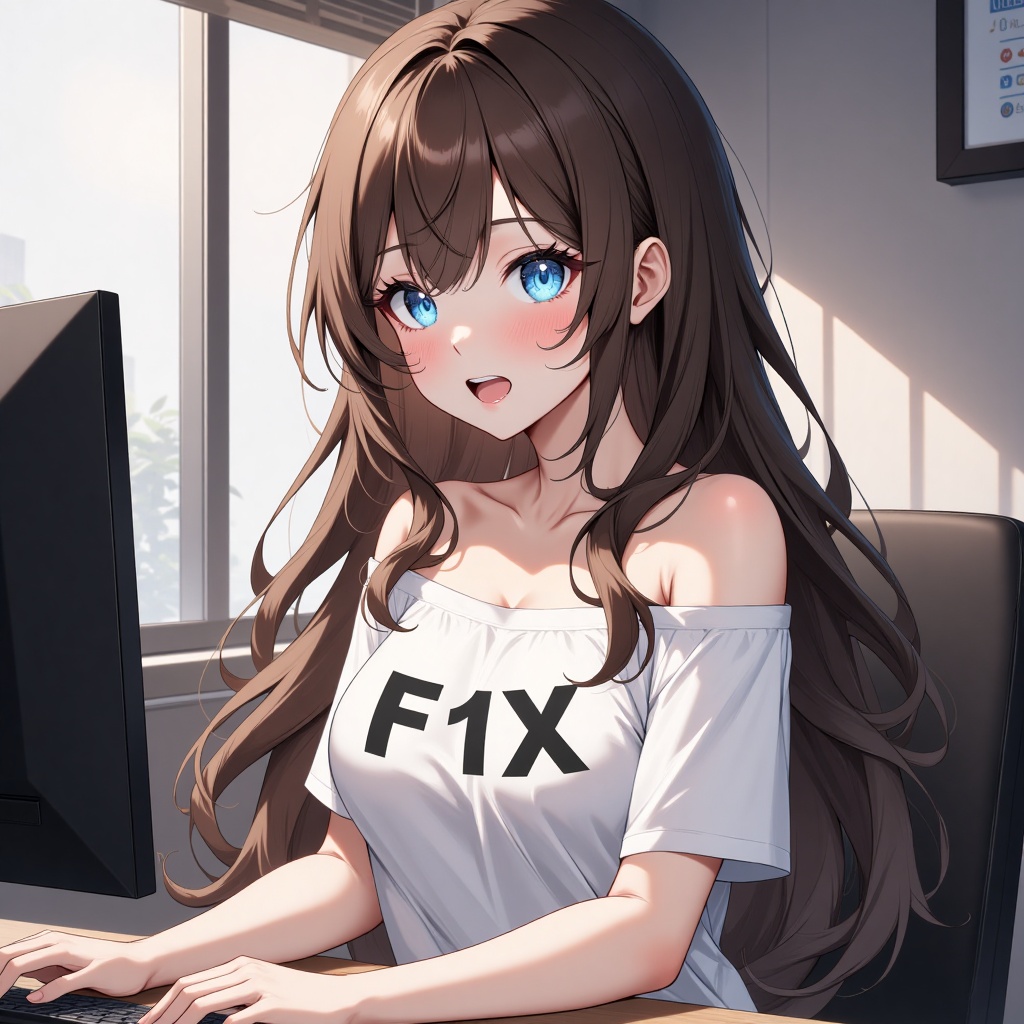 A young woman with long brown hair and blue eyes. She wears a white off shoulder t-shirt with text: "F1X". She sits in fro...