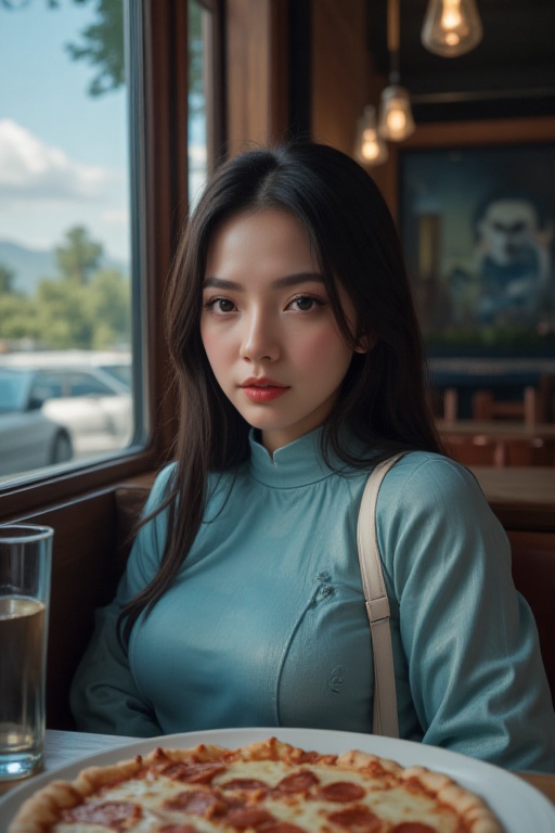 Hyper-Realistic photo of a girl sitting in a pizza restaurant,  20yo,  1girl on Tensor.Art