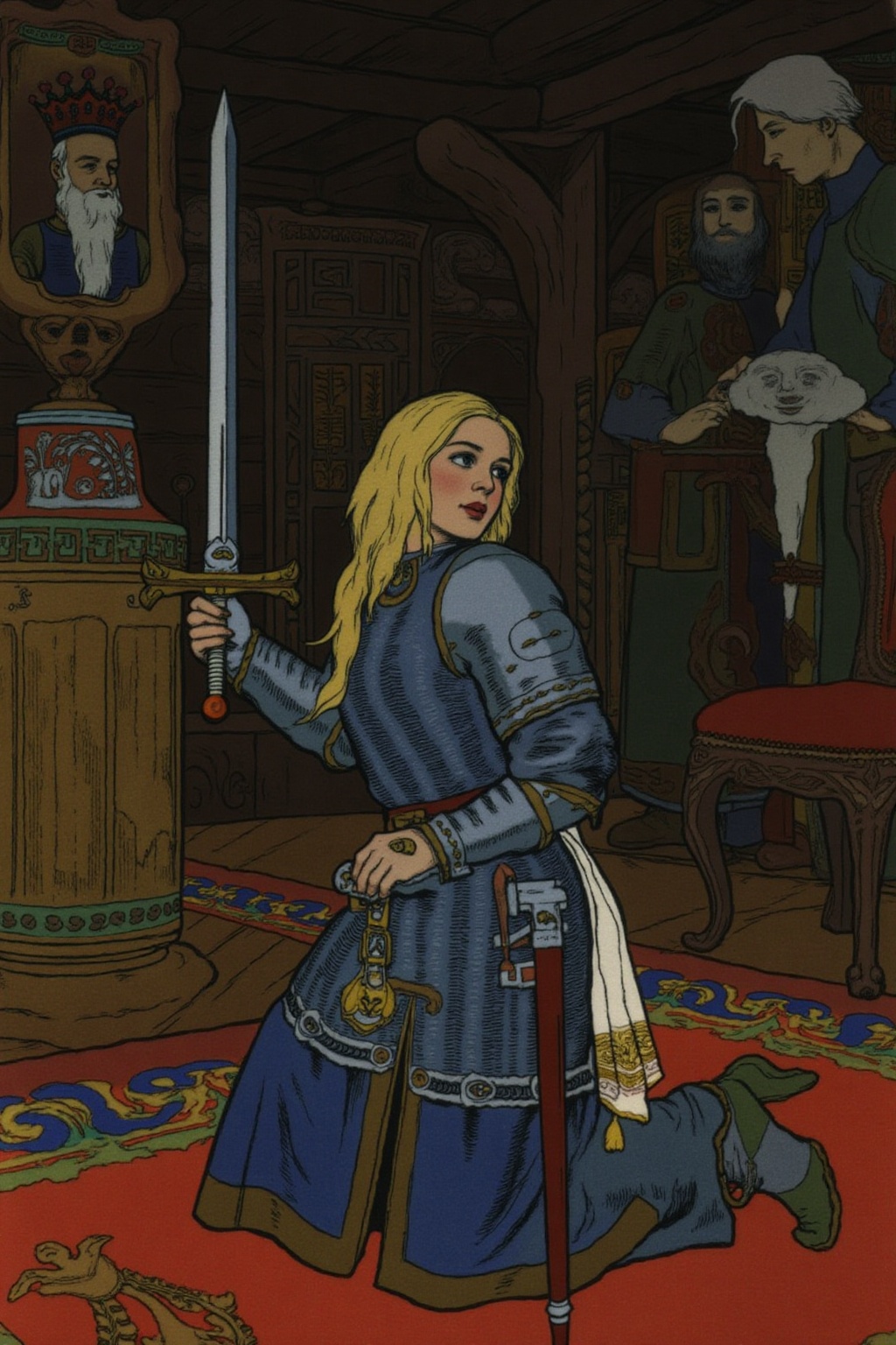 ivanbilibin1 illustration. jcleyen1. A young woman,  facing directly at the viewer,  is dressed in polished medieval armor...