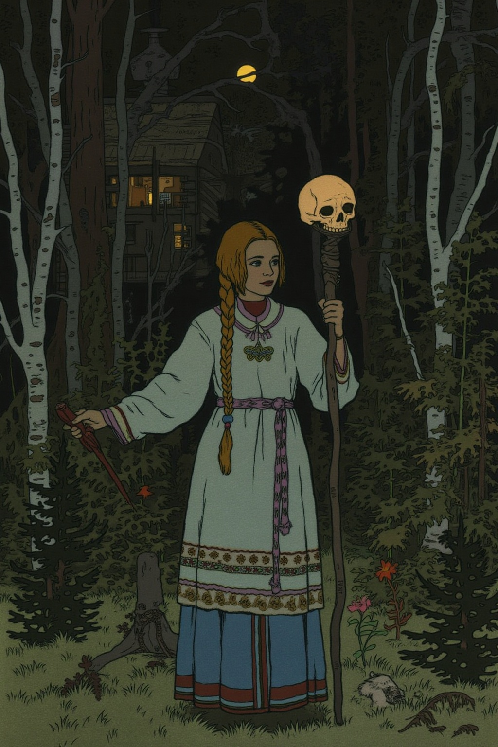 ivanbilibin1 illustration. A young woman with braided hair stands in a forested area surrounded by tall trees and dense un...