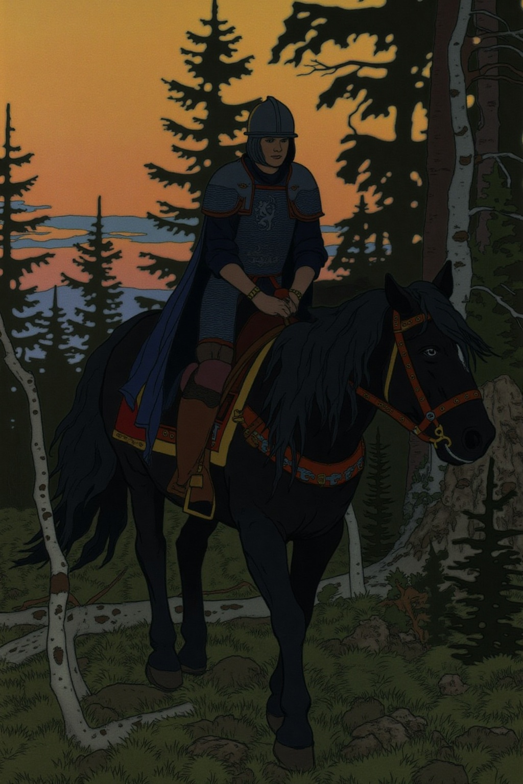 ivanbilibin1 illustration. A lone warrior rides a dark horse through a forest at sunset. The warrior wears medieval armor,...