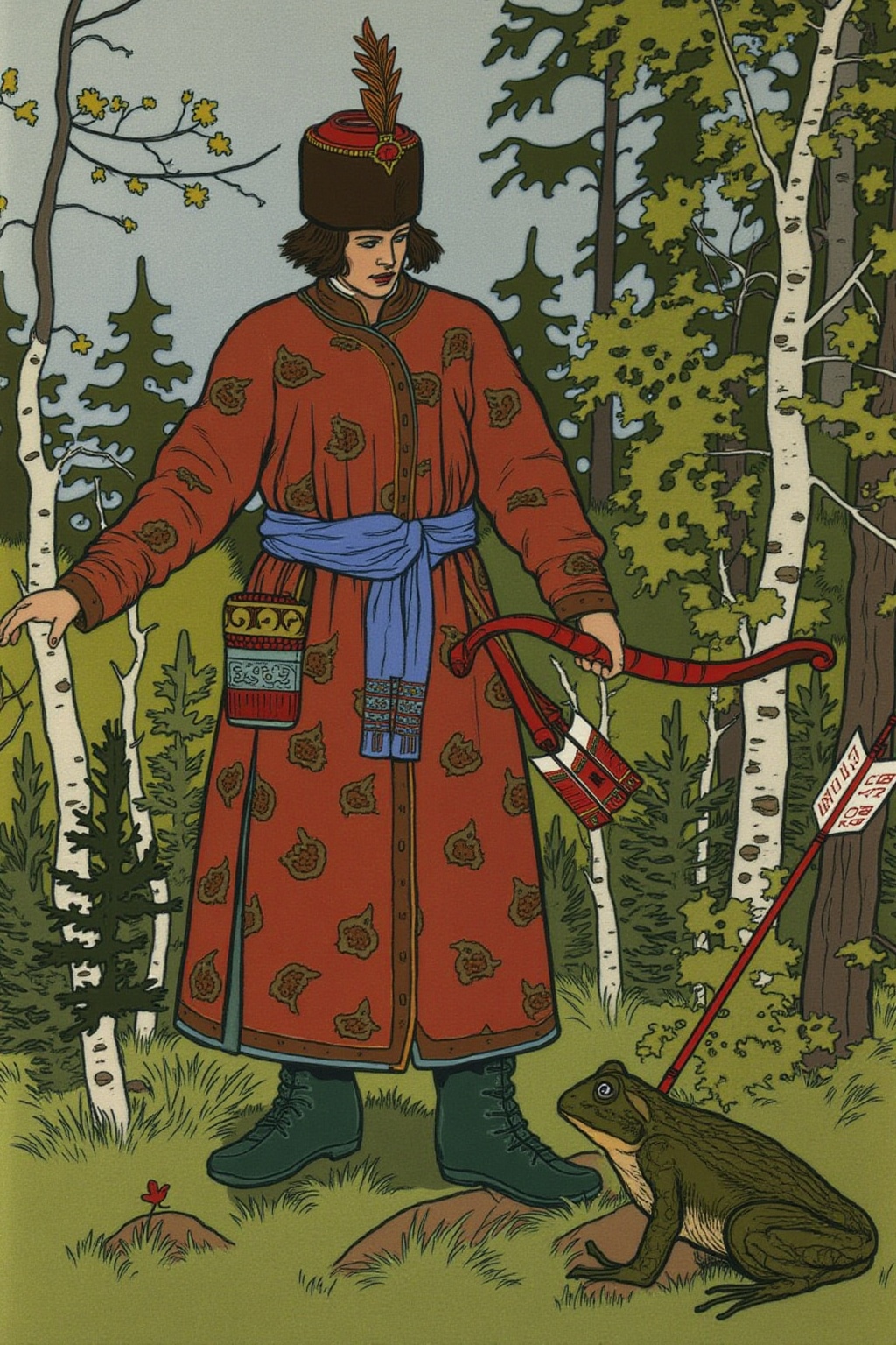 ivanbilibin1 illustration. A richely dress Russian prince stands in a lush,  green forest,  dressed in a long on Tensor.Art