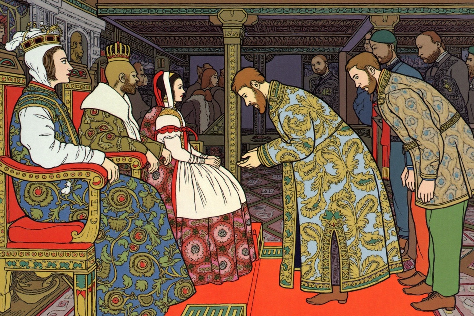 ivanbilibin1 illustration. A grand,  ornate room with patterned textiles and richly adorned figures. On the left sits a qu...
