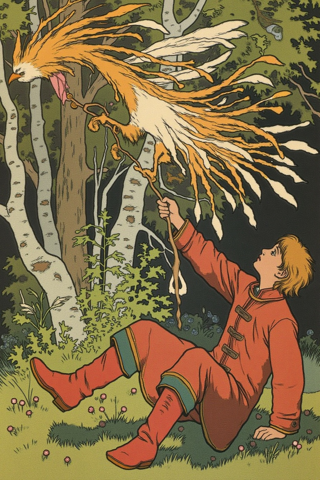 ivanbilibin1 illustration. A young man sits on the grass on the right side,  surrounded by green grass with small flowers....