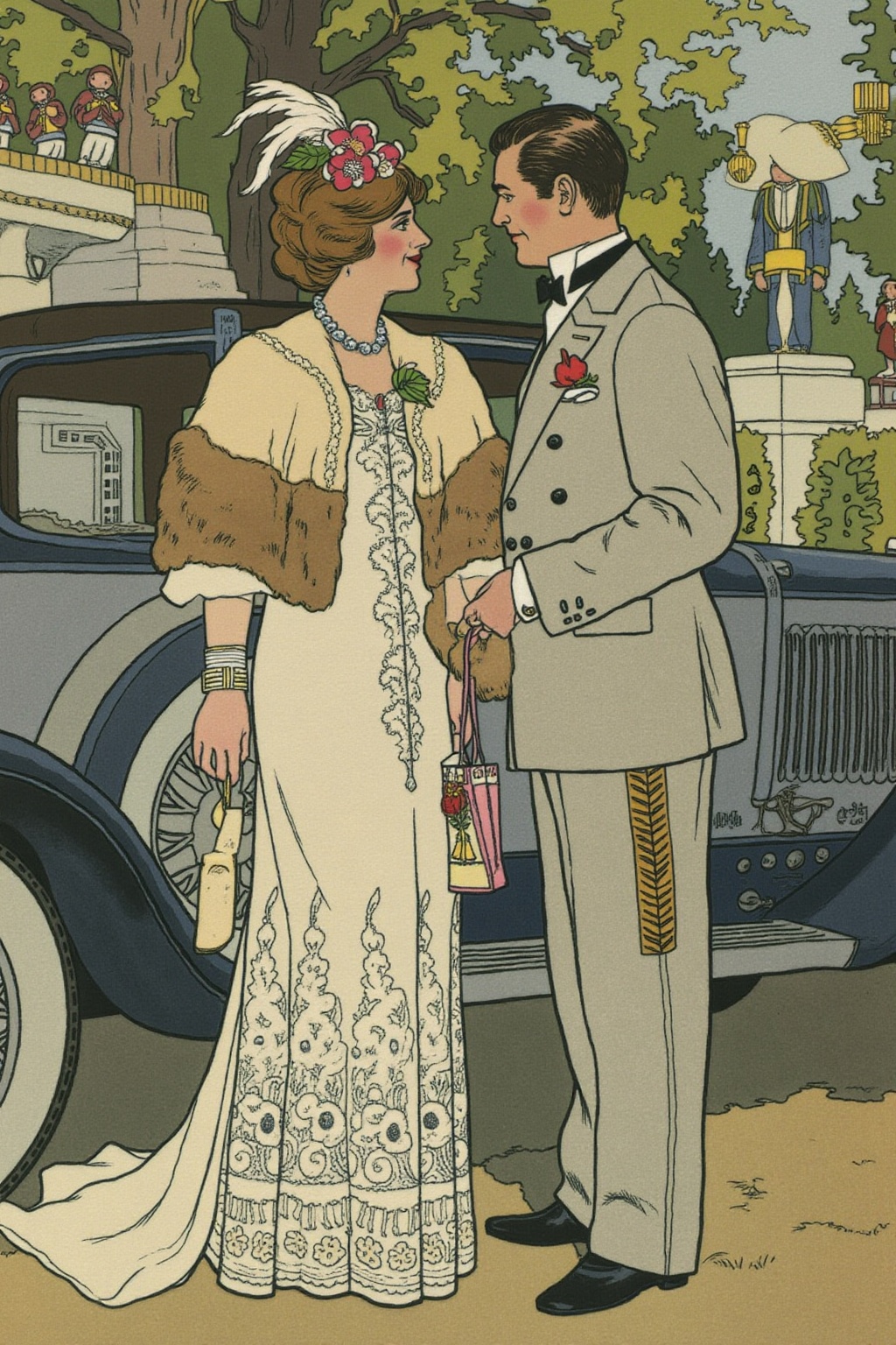 ivanbilibin1 illustration. jcleyen1. A man and a woman in formal attire standing in front of a classic car from the 1920s....