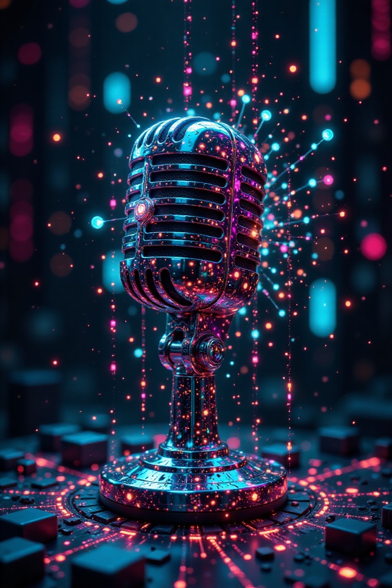 Close-up shot of a microphone and camera surrounded by floating data streams,  symbolizing AI-powered voice and image clon...