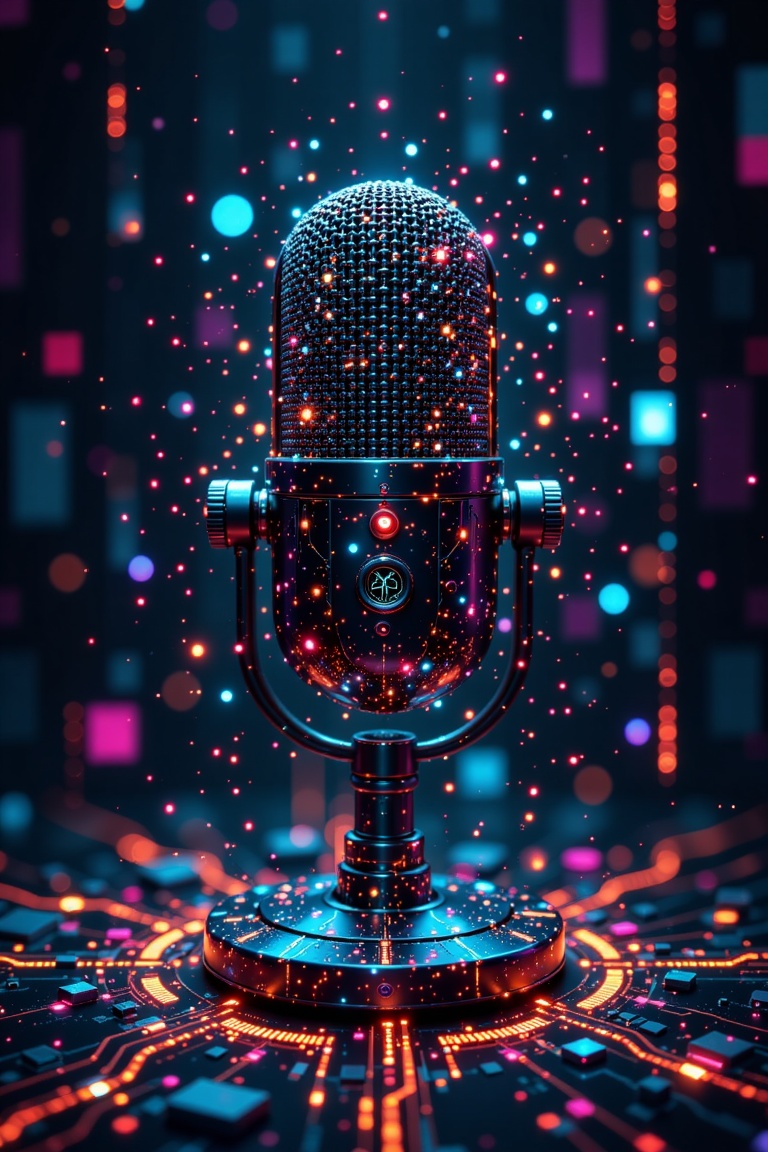 Close-up shot of a microphone and camera surrounded by floating data streams,  symbolizing AI-powered voice and image clon...