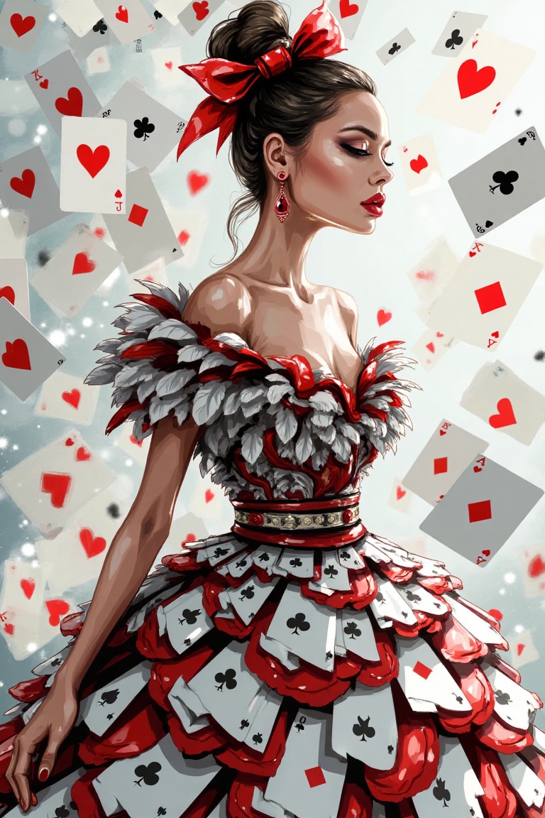 The image depicts a stylish fashion illustration of a woman wearing an elaborate,  feathered dress made entirely of playin...