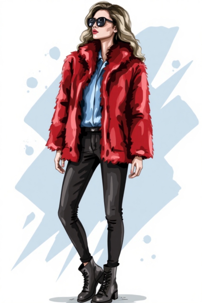 Image Tags The image depicts a stylish fashion illustration of a woman. She is wearing a striking red fur coat that contra...