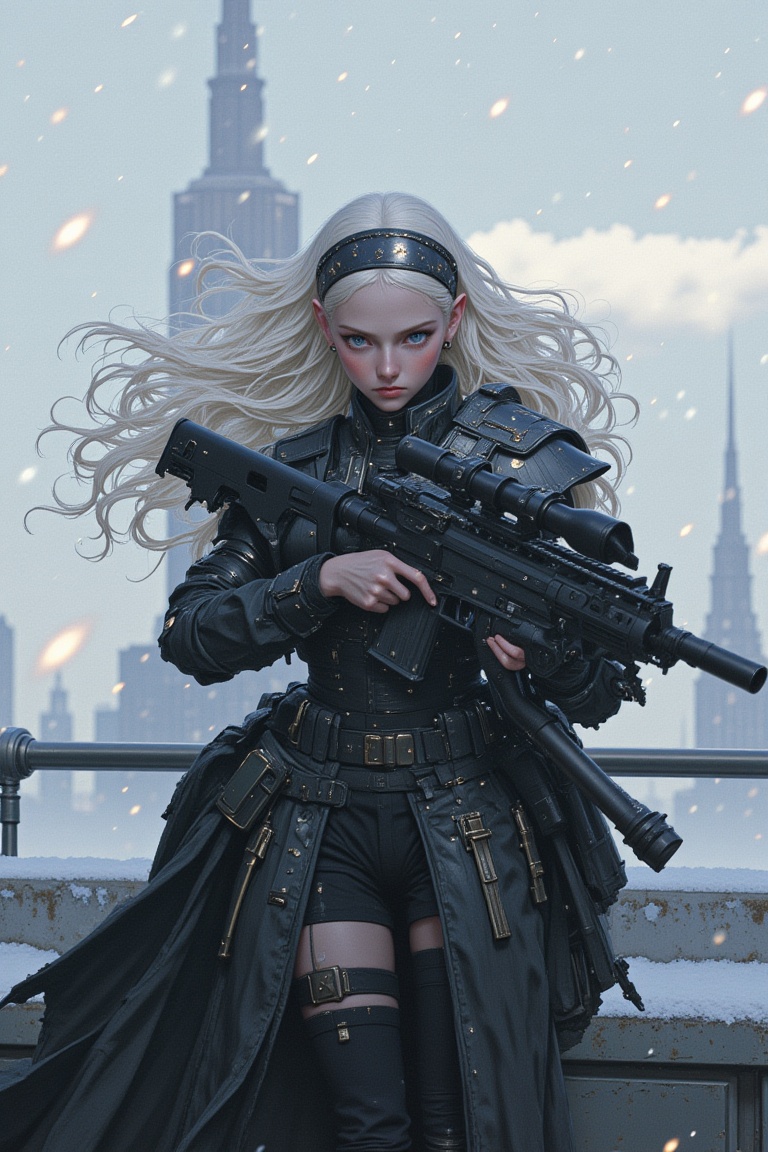 A 23-yo beauty with long,  flowing white hair and piercing blue eyes stands solo on a rooftop,  surrounded by the cityscap...