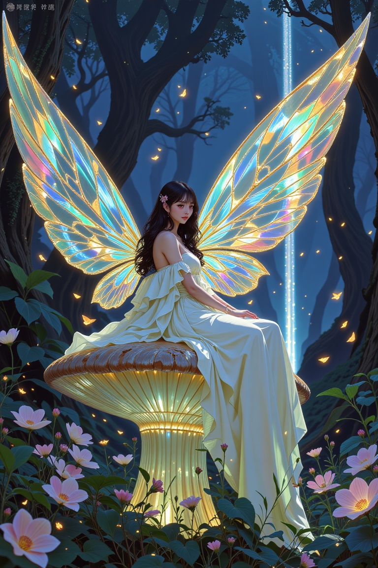 A breathtaking anime girl with a semi-realistic fantasy fairy aesthetic,  sitting gracefully on a giant luminescent mushro...