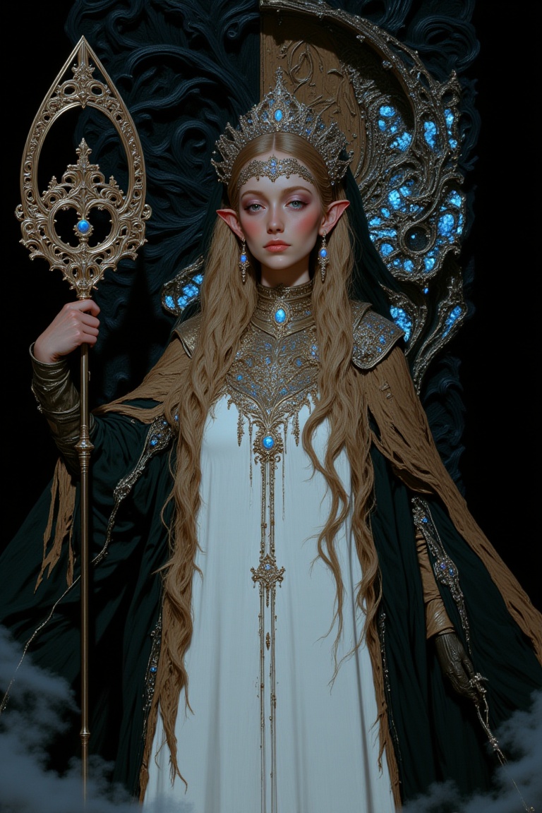 Mysterious Elf Maiden - A sultry pinup-inspired artwork depicts a striking blonde-elf woman solo,  indoors,  with long hai...