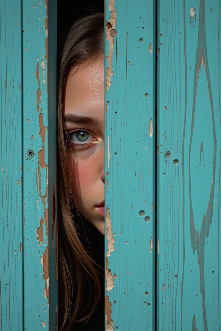 Hyp3rAn1me,  A striking and intimate portrait of a person partially obscured by a weathered,  teal-colored wooden door. Th...