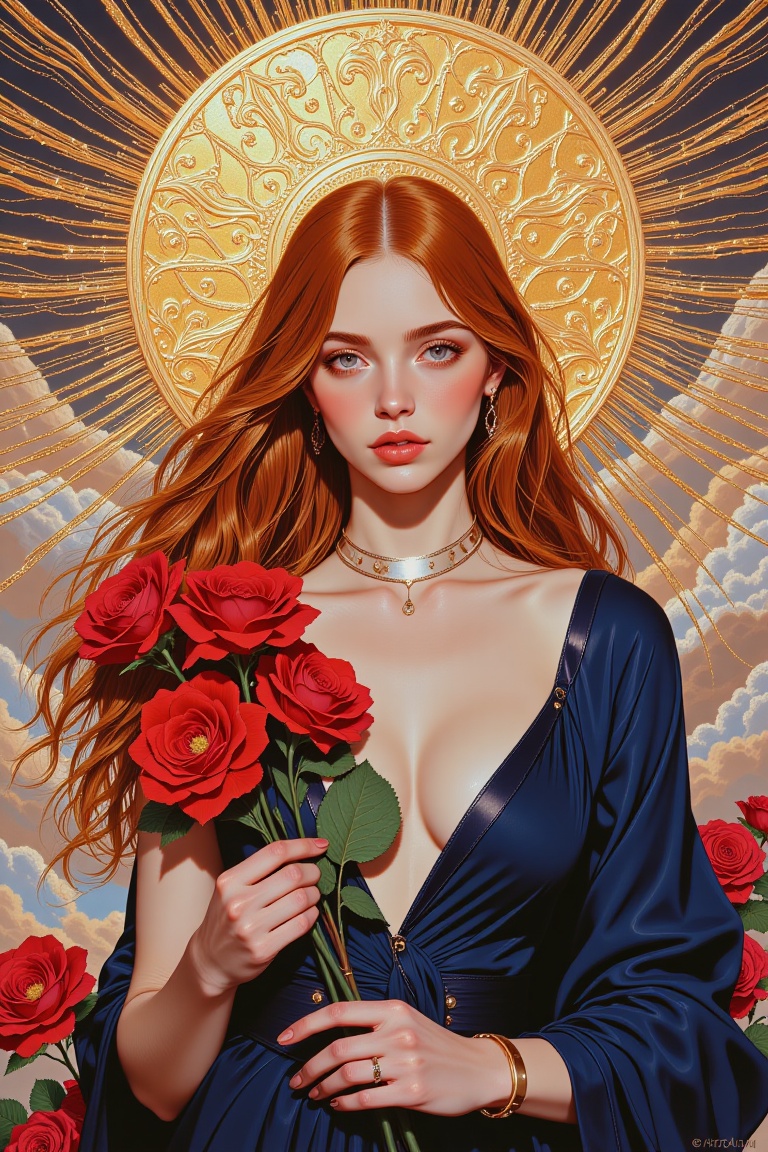 The painting depicts a beautiful woman with delicate features,  long flowing red hair and stunning blue eyes. She wore a l...