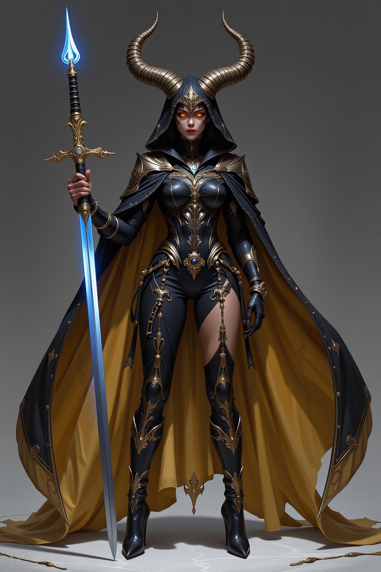 The image depicts a figure dressed in an elaborate,  dark,  and ornate outfit. The attire is predominantly black with gold...
