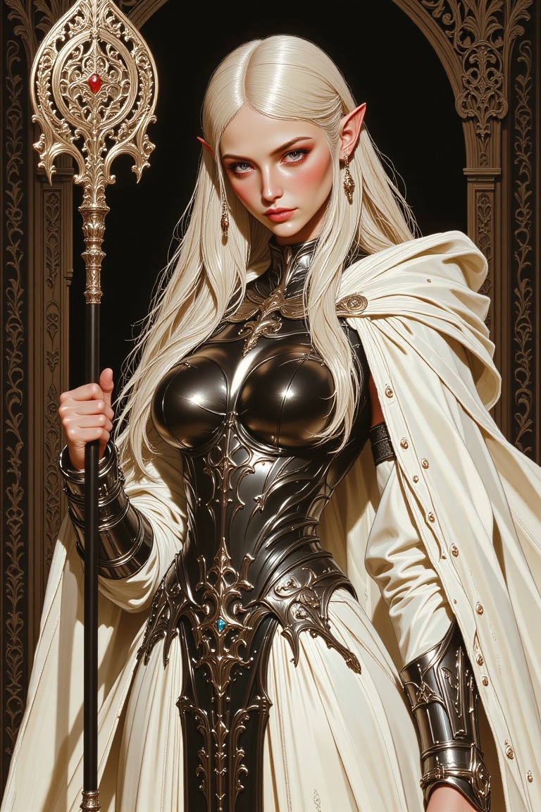 Mysterious Elf Maiden - A sultry pinup-inspired artwork depicts a striking blonde-elf woman solo,  indoors,  with long hai...