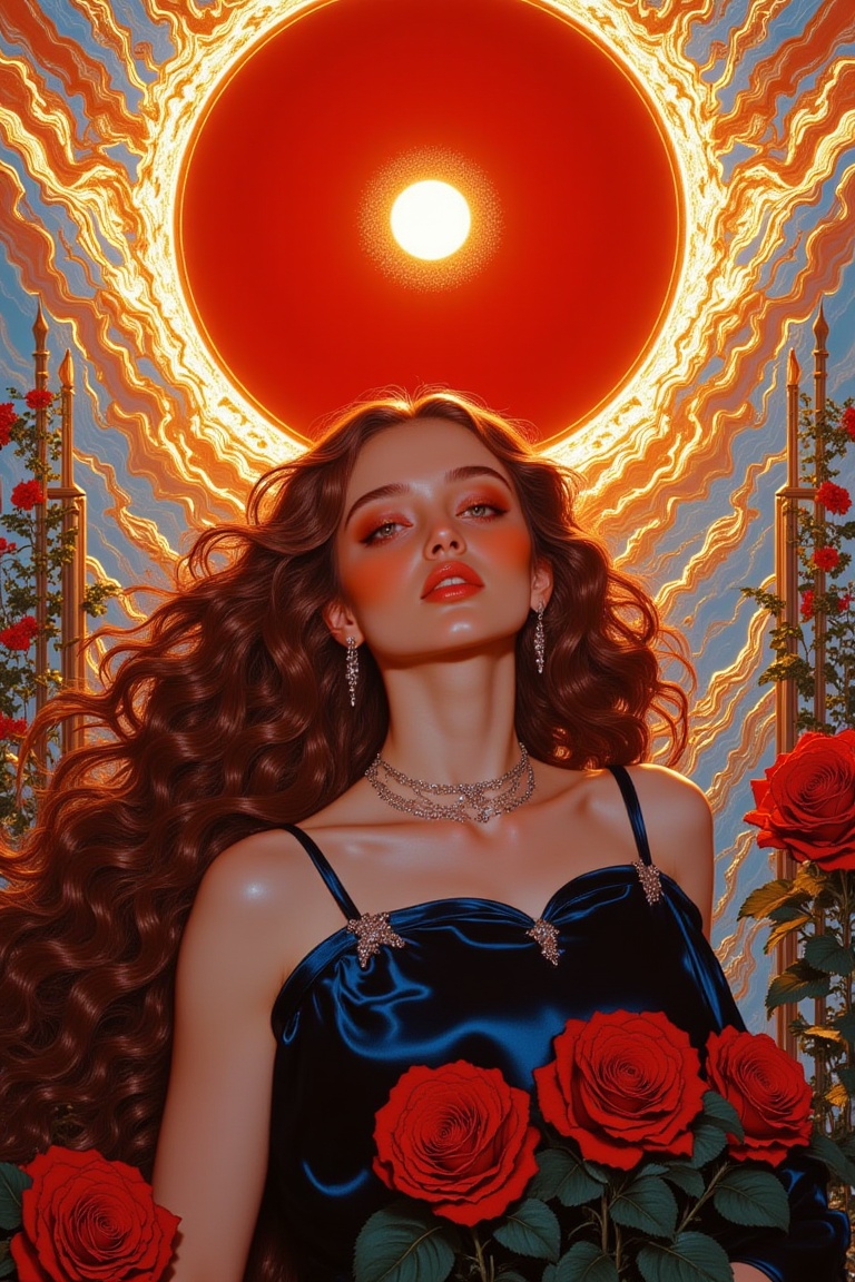 The painting depicts a beautiful woman with delicate features,  long flowing red hair and stunning blue eyes. She wore a l...